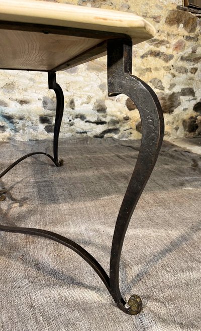 Wrought iron coffee table with raw oak top