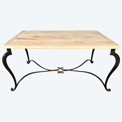 Wrought iron coffee table with raw oak top