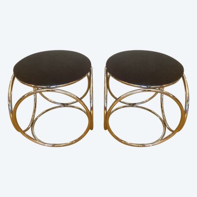 Pair of openwork chrome stools, circa 1970.