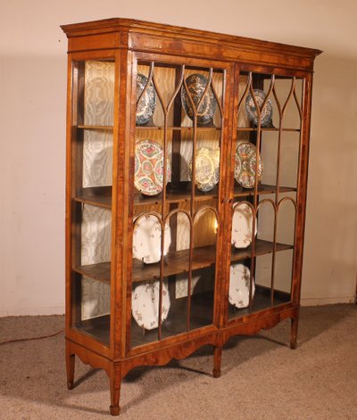 19th Century Mahogany And Burl Walnut Display Cabinet With Lighting