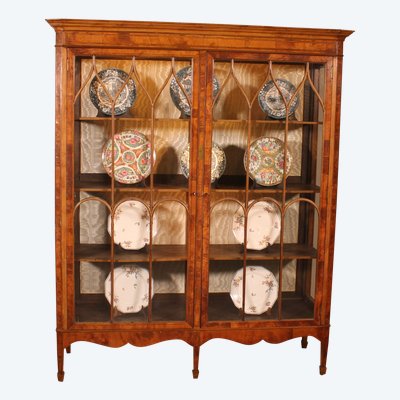 19th Century Mahogany And Burl Walnut Display Cabinet With Lighting