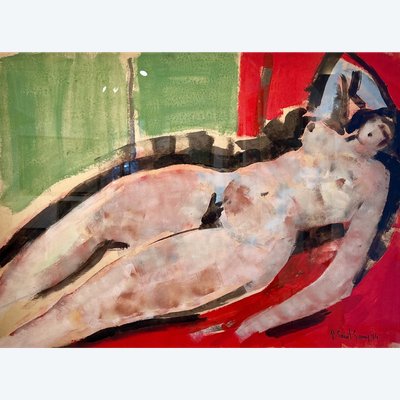 Nude reclining on red sheets.