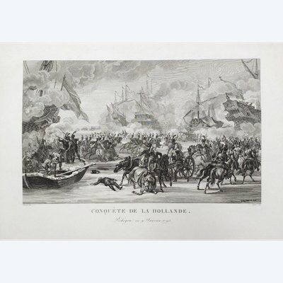 Conquest Of Holland Naval Battle Etching Engraving 19th Century Old Print