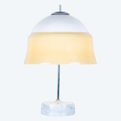 Mushroom lamp, in glass and opaline glass, marble base, 1965.