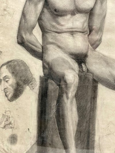 19th century academy, seated naked man