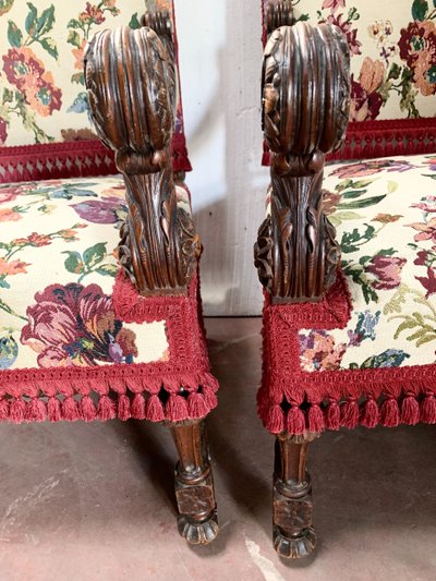 Pair of Renaissance style armchairs in solid walnut, 19th century