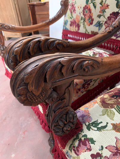 Pair of Renaissance style armchairs in solid walnut, 19th century