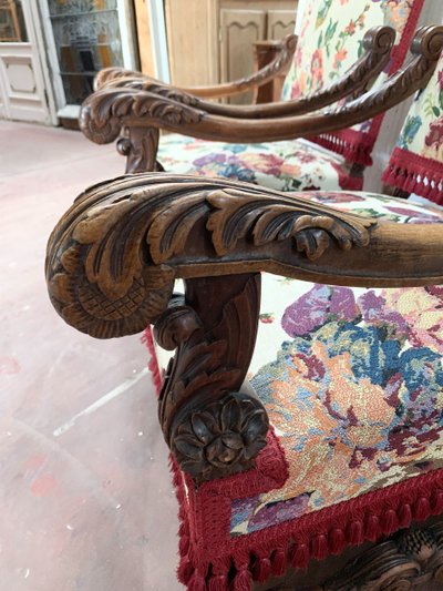 Pair of Renaissance style armchairs in solid walnut, 19th century