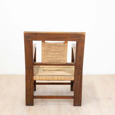 Neo-Basque Carved Armchair in Straw and Oak, 1940