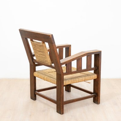 Neo-Basque Carved Armchair in Straw and Oak, 1940