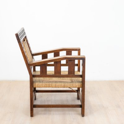 Neo-Basque Carved Armchair in Straw and Oak, 1940