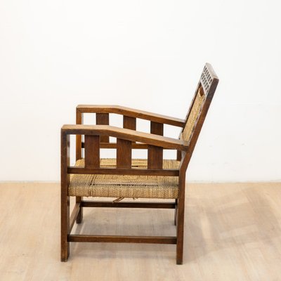 Neo-Basque Carved Armchair in Straw and Oak, 1940