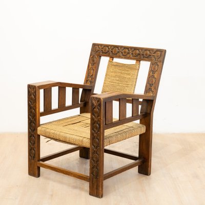 Neo-Basque Carved Armchair in Straw and Oak, 1940