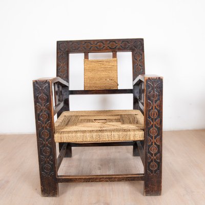 Neo-Basque Carved Armchair in Straw and Oak, 1940