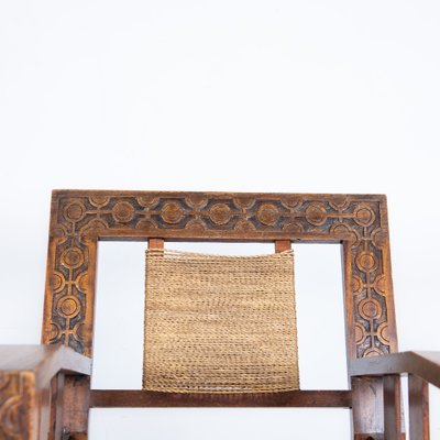 Neo-Basque Carved Armchair in Straw and Oak, 1940