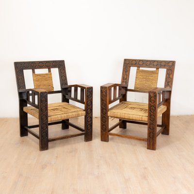 Neo-Basque Carved Armchair in Straw and Oak, 1940