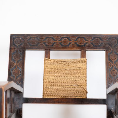 Neo-Basque Carved Armchair in Straw and Oak, 1940