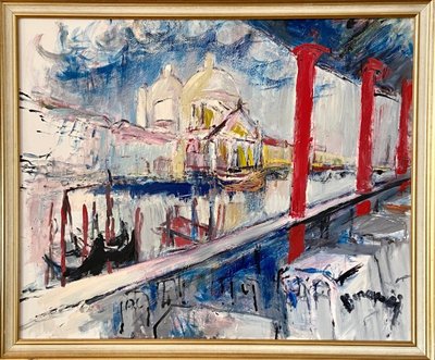 Mario Bonamici (1912-2002), Painting View of Venice Titled “terrace Hotel Bauer in Venice”.