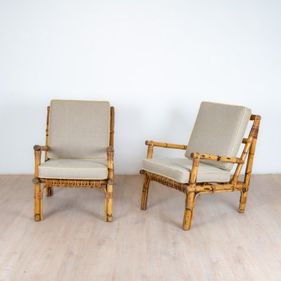 Rattan and Linen Armchairs, Italz, 1970, set of 2