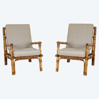 Rattan and Linen Armchairs, Italz, 1970, set of 2