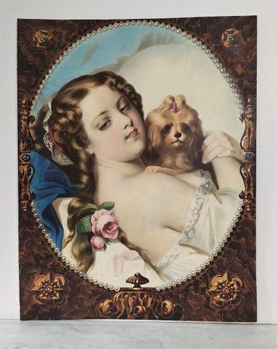 Watercolored  Lithograph Portrait A Lady With A Bichon Dog 19th Century Old Print