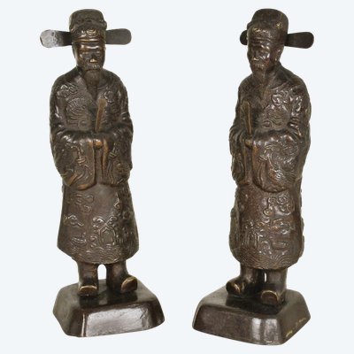 2 Annamite Mandarins in Bronze, Vietnam, Early 20th Century