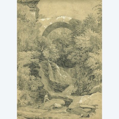 Landscape with character, waterfall and bridge - Original old drawing