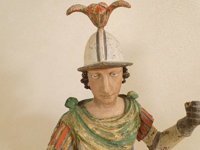 Large Religious Statue Saint Florian Soldier Polychrome Carved Wood 17th Century