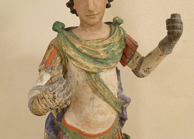 Large Religious Statue Saint Florian Soldier Polychrome Carved Wood 17th Century