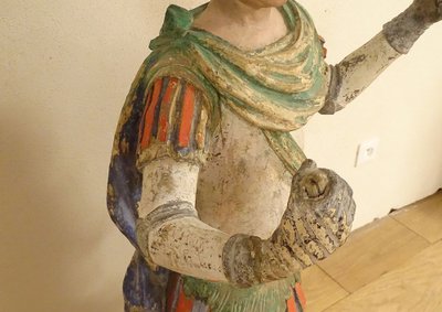 Large Religious Statue Saint Florian Soldier Polychrome Carved Wood 17th Century