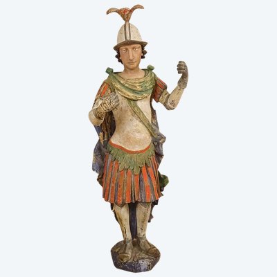 Large Religious Statue Saint Florian Soldier Polychrome Carved Wood 17th Century