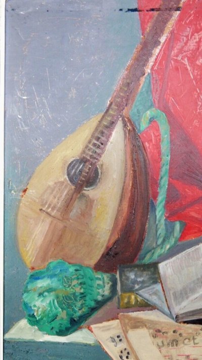 Oil on board still life with mandolin and skull