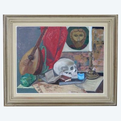 Oil on board still life with mandolin and skull