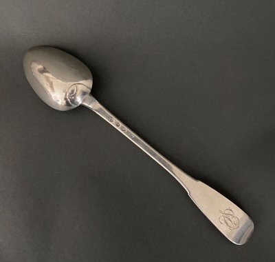 18th century stew spoon with single-flat monogram