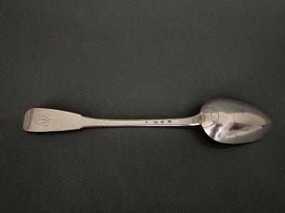 18th century stew spoon with single-flat monogram