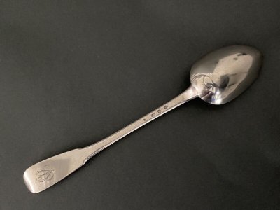 18th century stew spoon with single-flat monogram