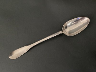 18th century stew spoon with single-flat monogram