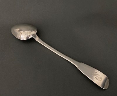 18th century stew spoon with single-flat monogram