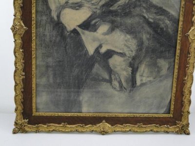 Dessin au fusain Christ XIXe cadre en plâtre et bois