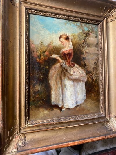 Louis Philippe period framed oil on canvas: "Jeune fille debout lisant dans un parc" circa 1840