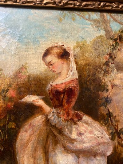 Louis Philippe period framed oil on canvas: "Jeune fille debout lisant dans un parc" circa 1840