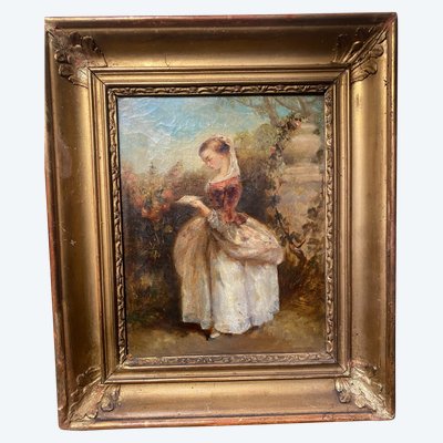 Louis Philippe period framed oil on canvas: "Jeune fille debout lisant dans un parc" circa 1840