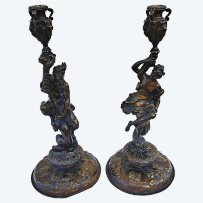 Pair of sculpture-forming torches in patinated bronze 19th century circa 1850 after C. Van Clève