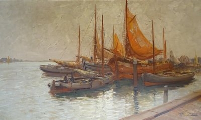 Large painting by Kees TERLOUW 1890-1942- Dutch school Seascape boats