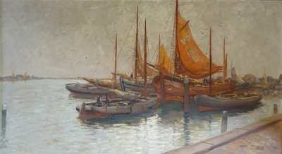 Large painting by Kees TERLOUW 1890-1942- Dutch school Seascape boats