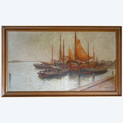 Large painting by Kees TERLOUW 1890-1942- Dutch school Seascape boats