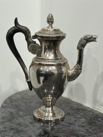 Pouring Pot - Teapot - Self-Serving Coffeepot In Solid Silver Minerva Marked Late 19th Century