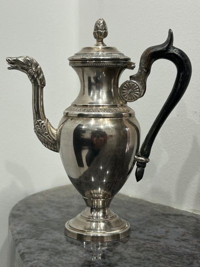 Pouring Pot - Teapot - Self-Serving Coffeepot In Solid Silver Minerva Marked Late 19th Century