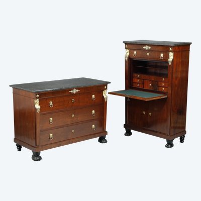 MAHOGANY AND MAHOGANY VENEER CONSULAT COMMODE AND SECRETARY