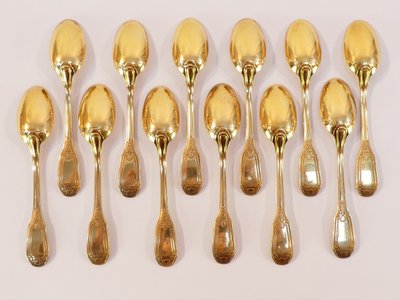 12 small mocha spoons in SOLID SILVER vermeil Minerva 1st title